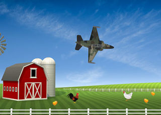 illustration: military jet flying low over farm
